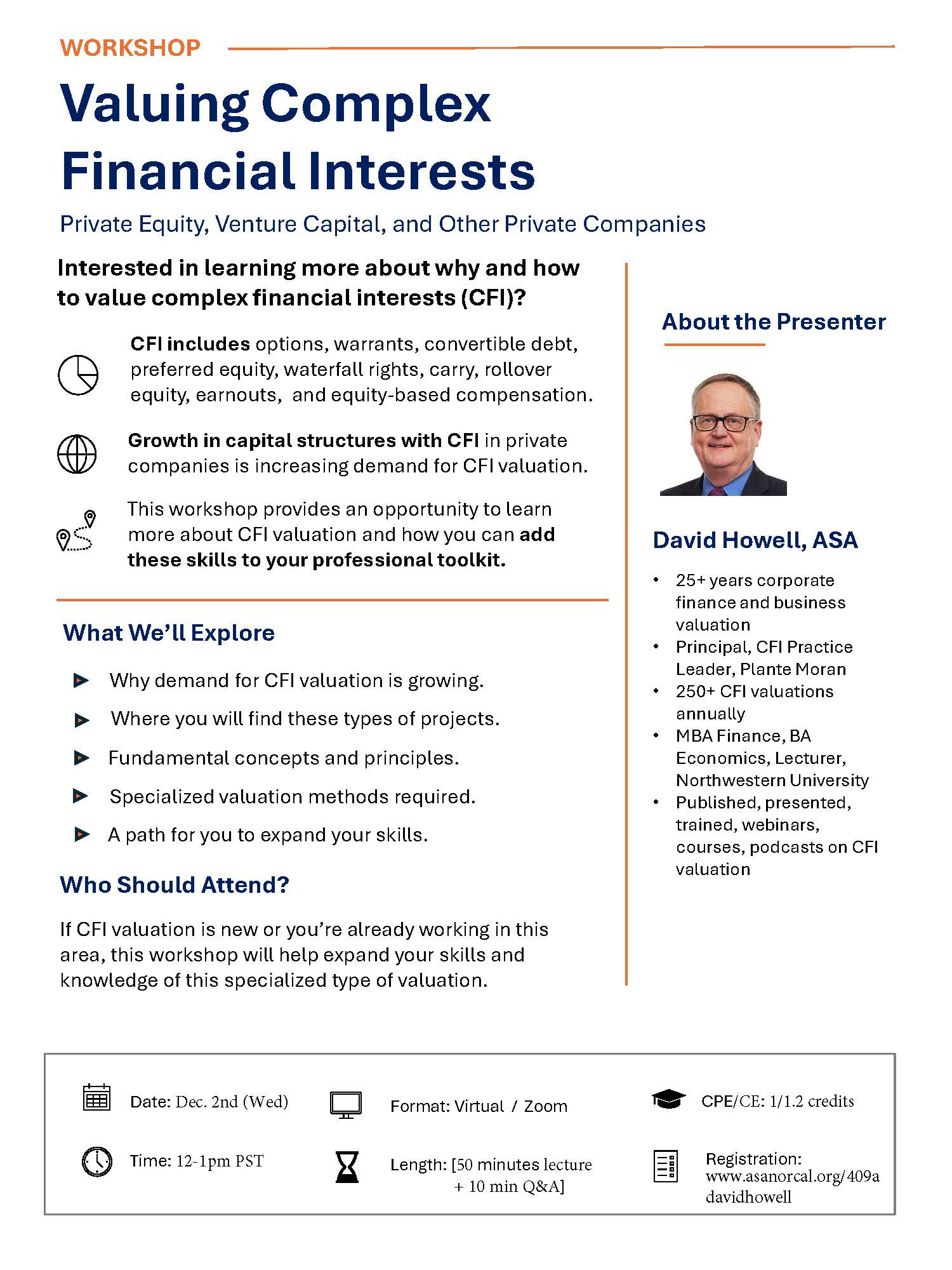 Valuing Complex Financial Instruments with David Howell, MBA, ASA - ASA NorCal flyer